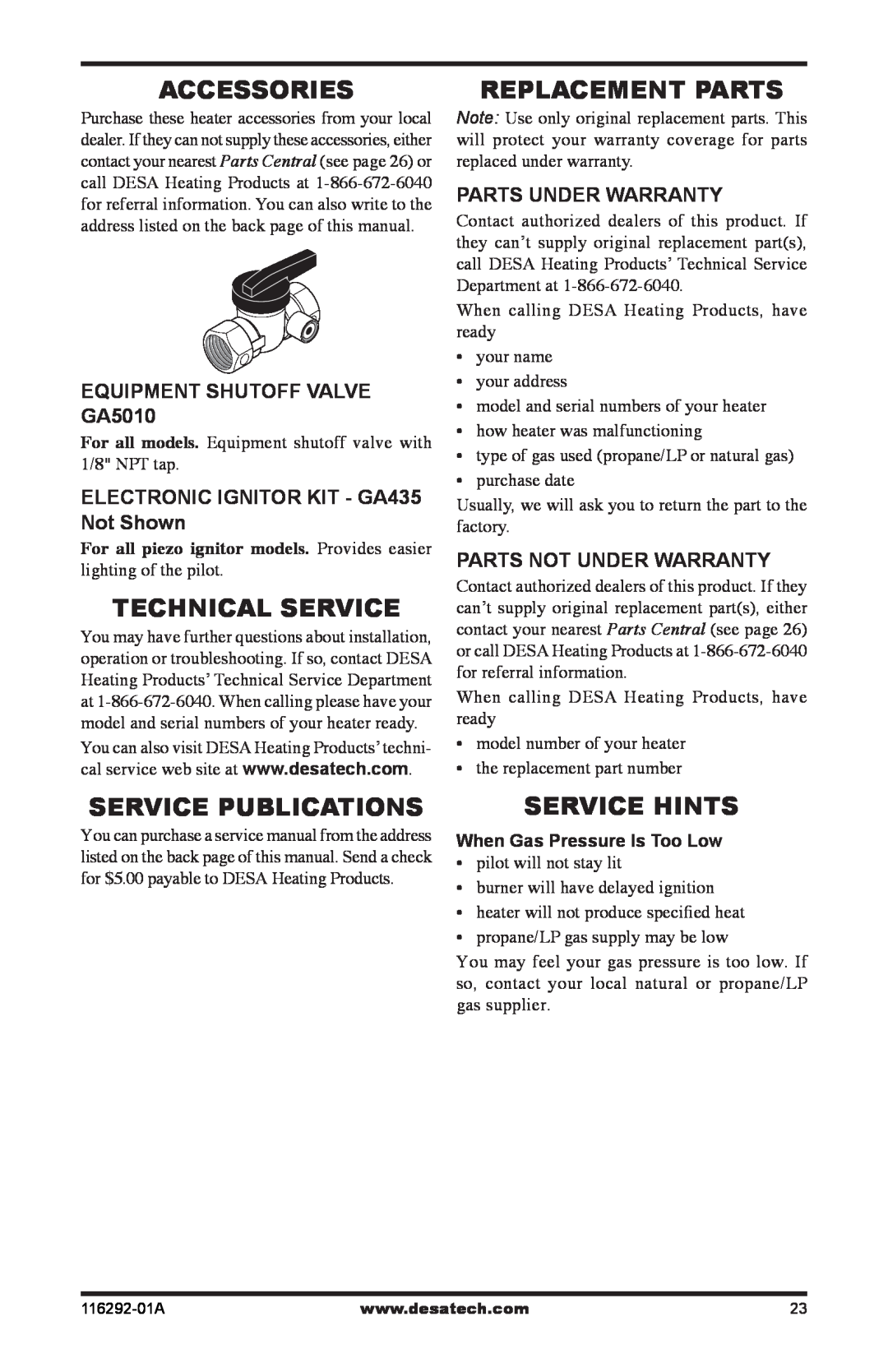 Desa VSL18NT Accessories, Technical Service, Replacement Parts, Service Publications, Service Hints, Parts Under Warranty 