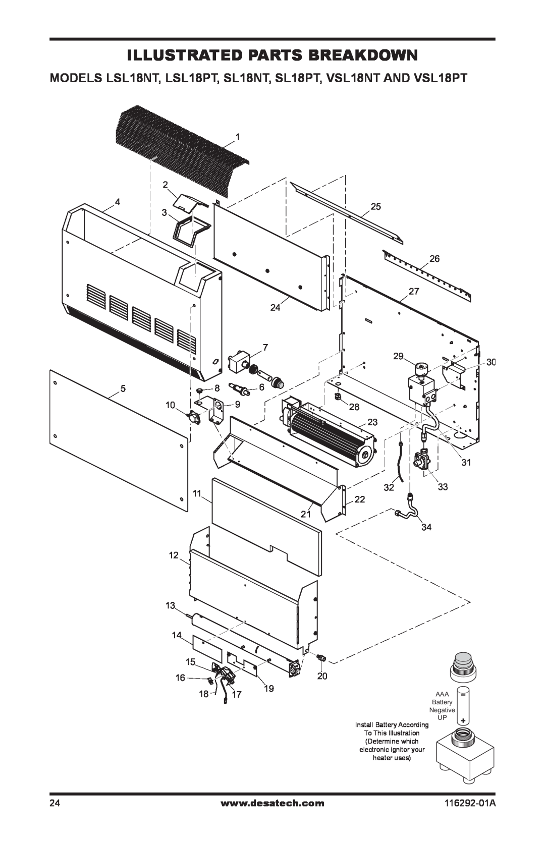 Desa LSL18PT, LSL18NT, VSL18PT, VSL18NT installation manual Illustrated Parts Breakdown 