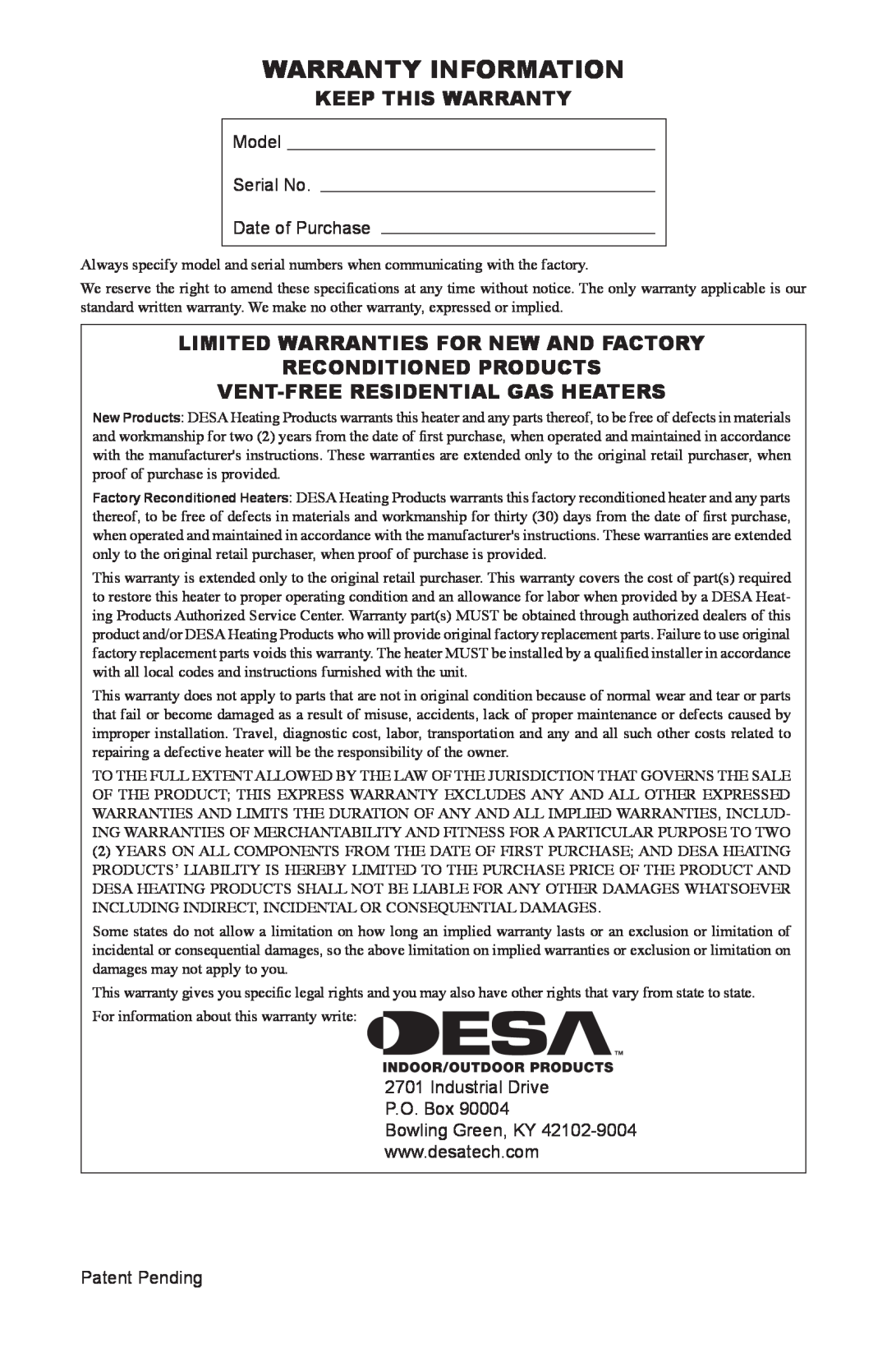 Desa VSL18PT Warranty Information, Keep This Warranty, Limited Warranties For New And Factory, Reconditioned Products 
