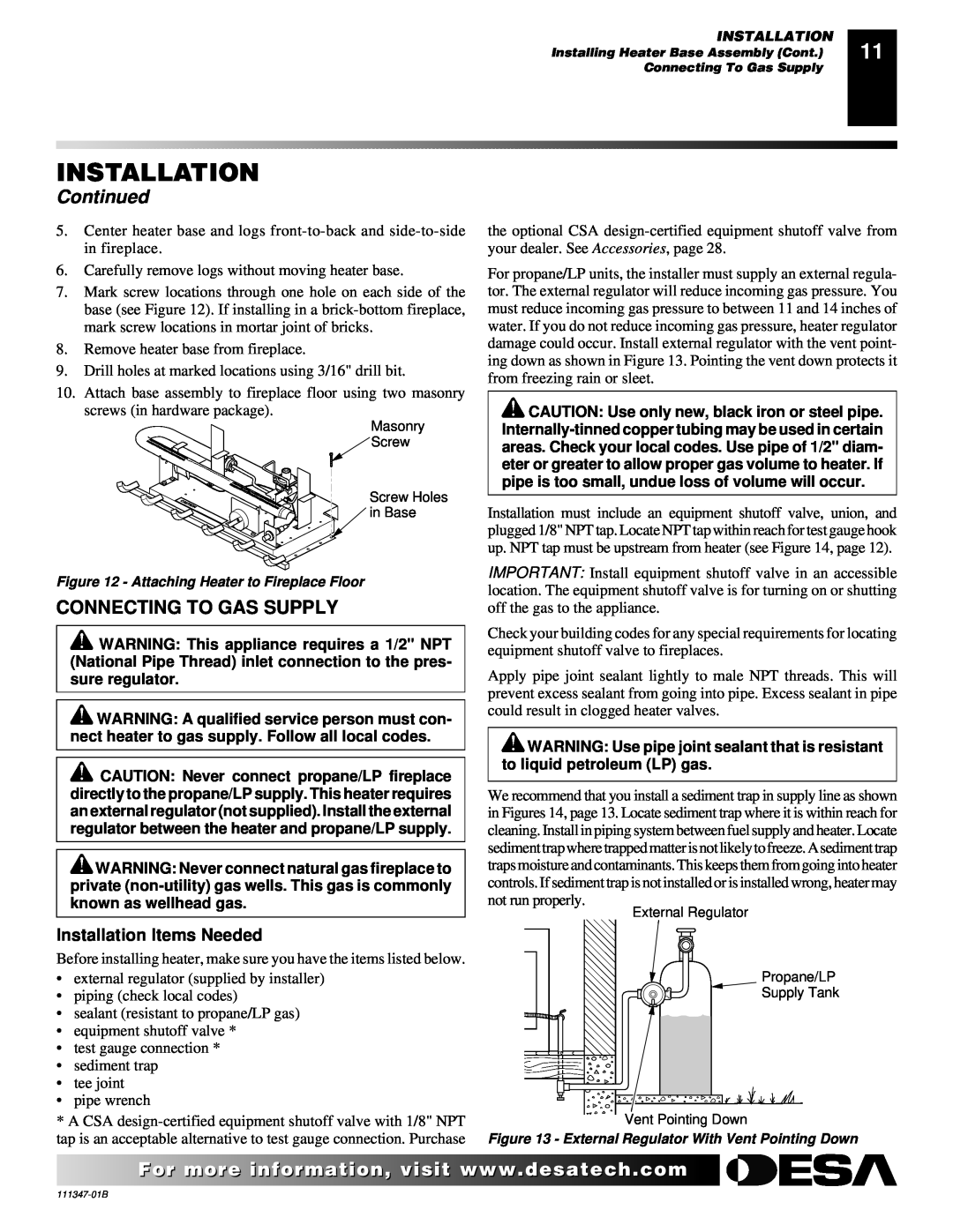 Desa LSL3124N installation manual Connecting To Gas Supply, Continued, Installation Items Needed 