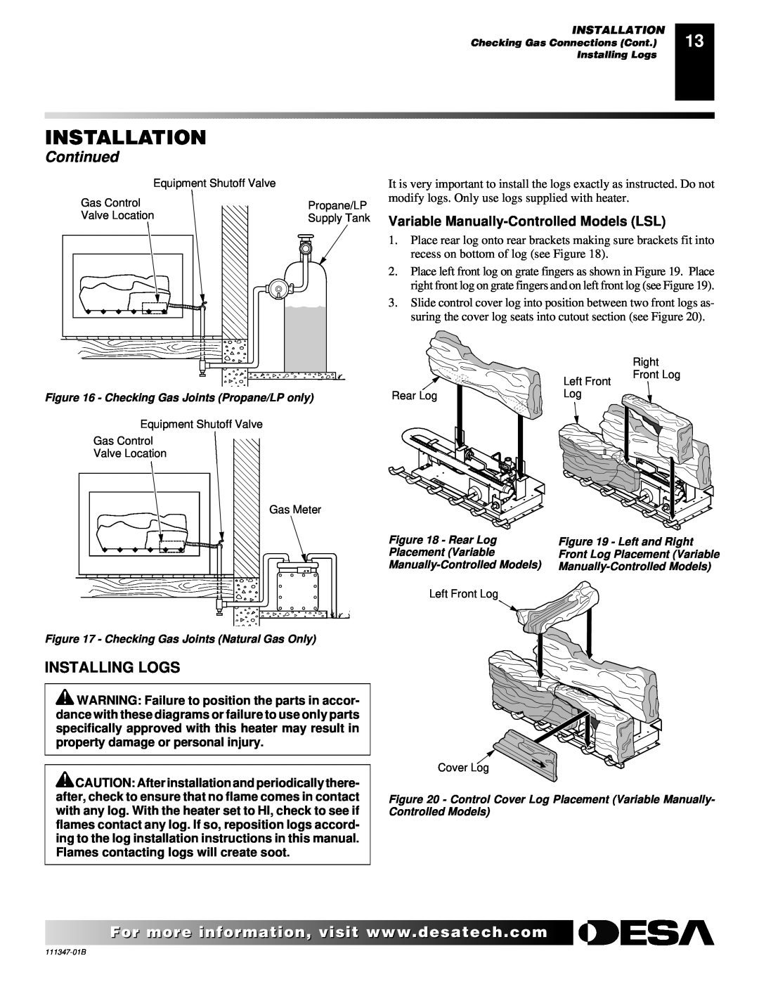 Desa LSL3124N installation manual Installing Logs, Variable Manually-ControlledModels LSL, Installation, Continued 