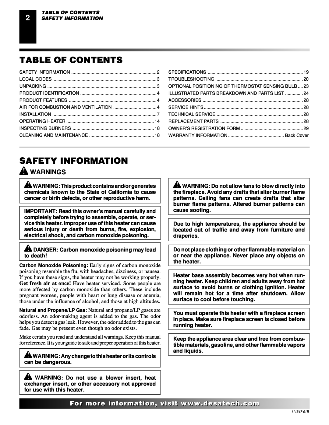 Desa LSL3124N installation manual Table Of Contents, Safety Information, Warnings 