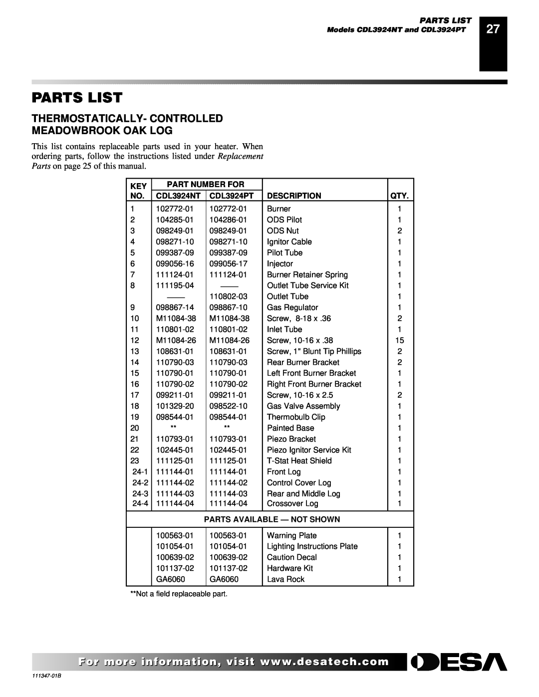 Desa LSL3124N Thermostatically- Controlled Meadowbrook Oak Log, Parts List, Part Number For, CDL3924NT, CDL3924PT 