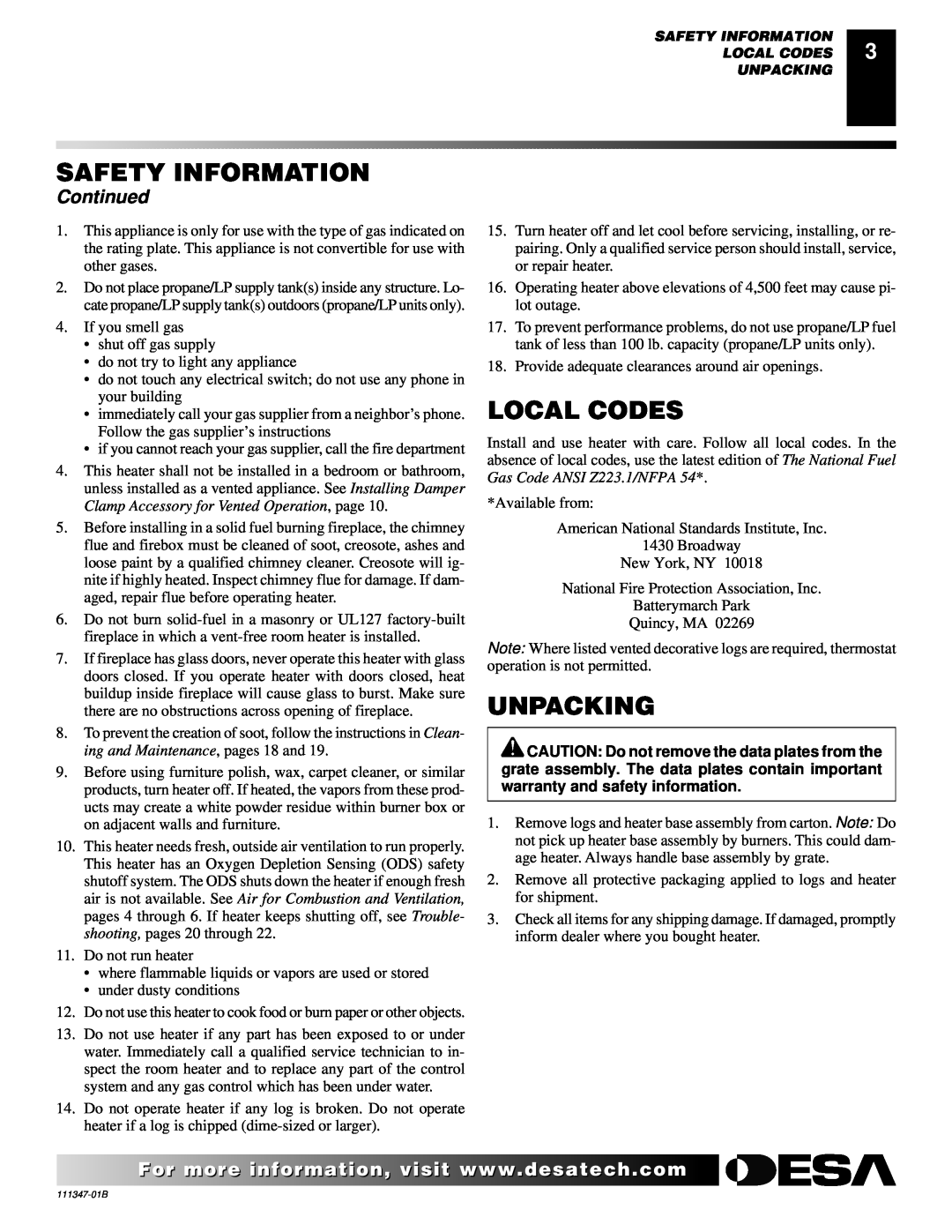 Desa LSL3124N installation manual Local Codes, Unpacking, Continued, Safety Information 
