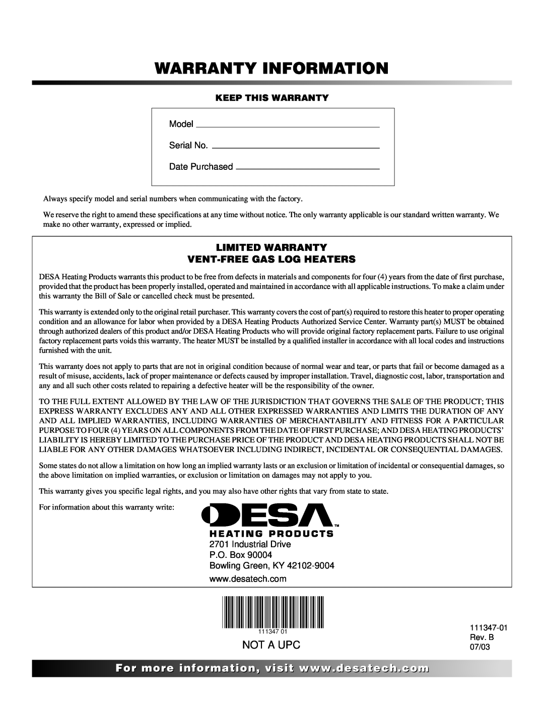 Desa LSL3124N Warranty Information, Not A Upc, Limited Warranty Vent-Freegas Log Heaters, Model Serial No Date Purchased 