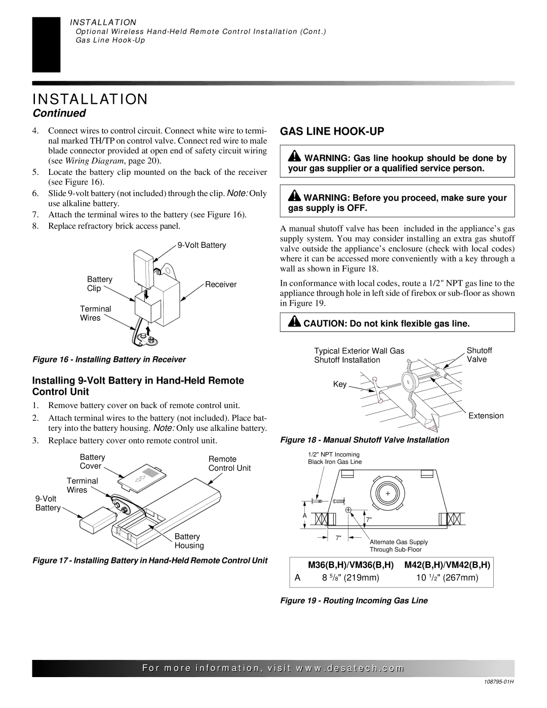 Desa M36, M42, VM36, VM42 installation manual GAS Line HOOK-UP, Installing 9-Volt Battery in Hand-Held Remote Control Unit 