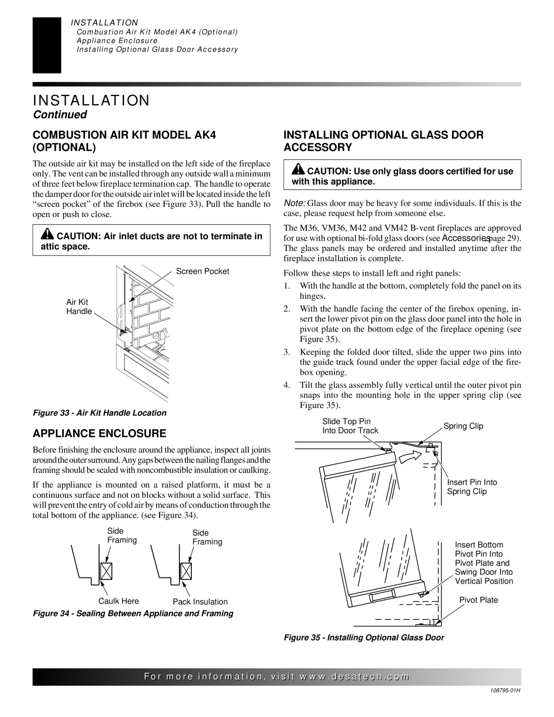 Desa M36, M42, VM36, VM42 installation manual Combustion AIR KIT Model AK4 Optional, Appliance Enclosure 