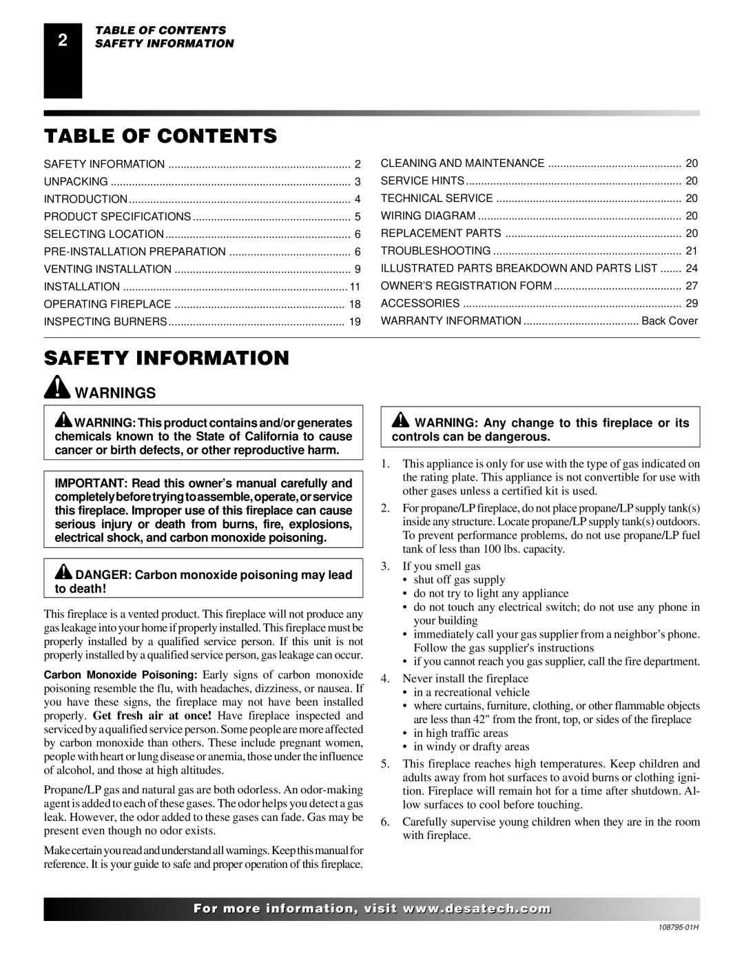 Desa M36, M42, VM36, VM42 installation manual Table of Contents, Safety Information 