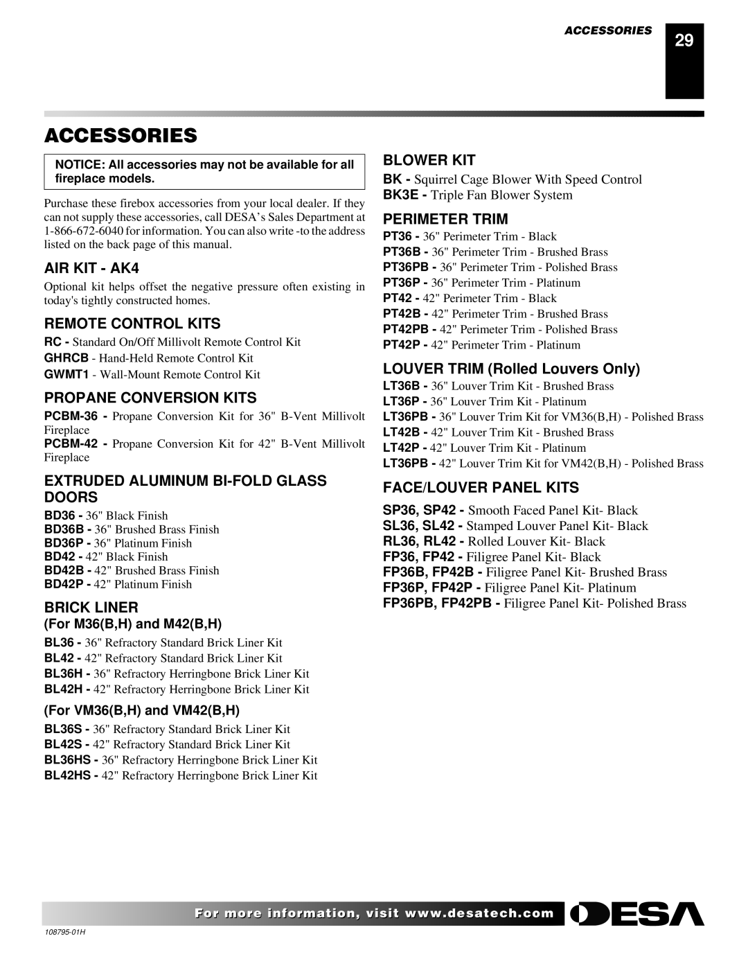 Desa M36, M42, VM36, VM42 installation manual Accessories 