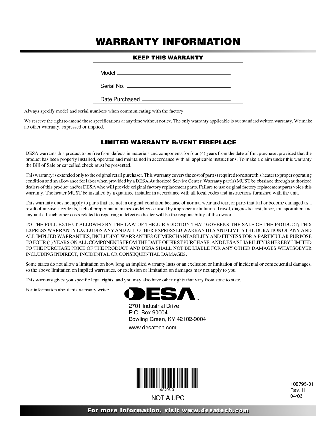 Desa M36, M42, VM36, VM42 installation manual Warranty Information 