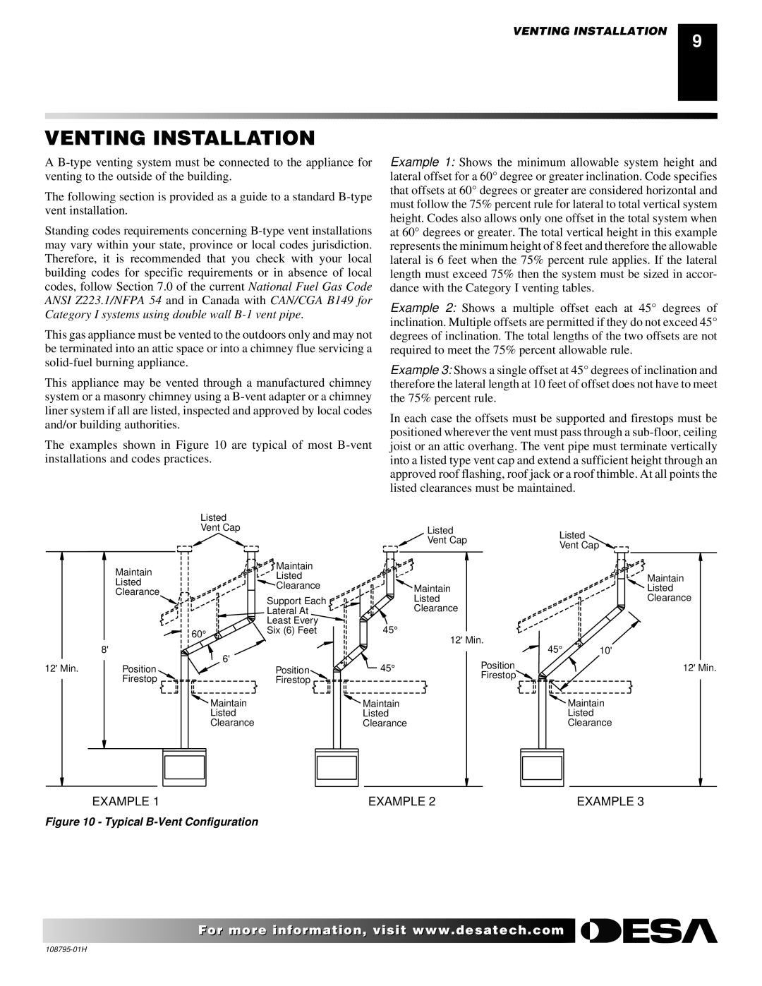 Desa M36, M42, VM36, VM42 installation manual Venting Installation, Typical B-Vent Configuration 