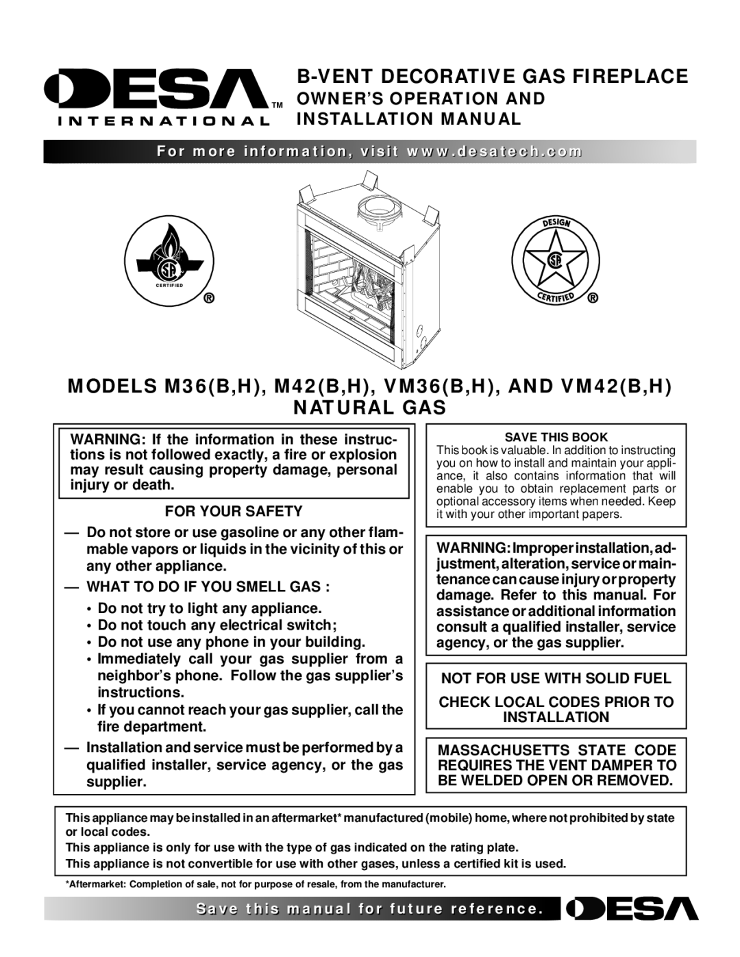 Desa VM42 installation manual Vent Decorative GAS Fireplace, Natural GAS, For Your Safety, What to do if YOU Smell GAS 