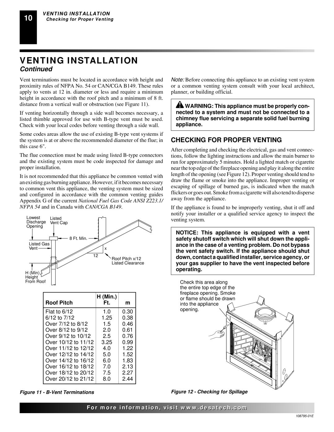 Desa M36, VM42 installation manual Checking for Proper Venting, Min Roof Pitch 