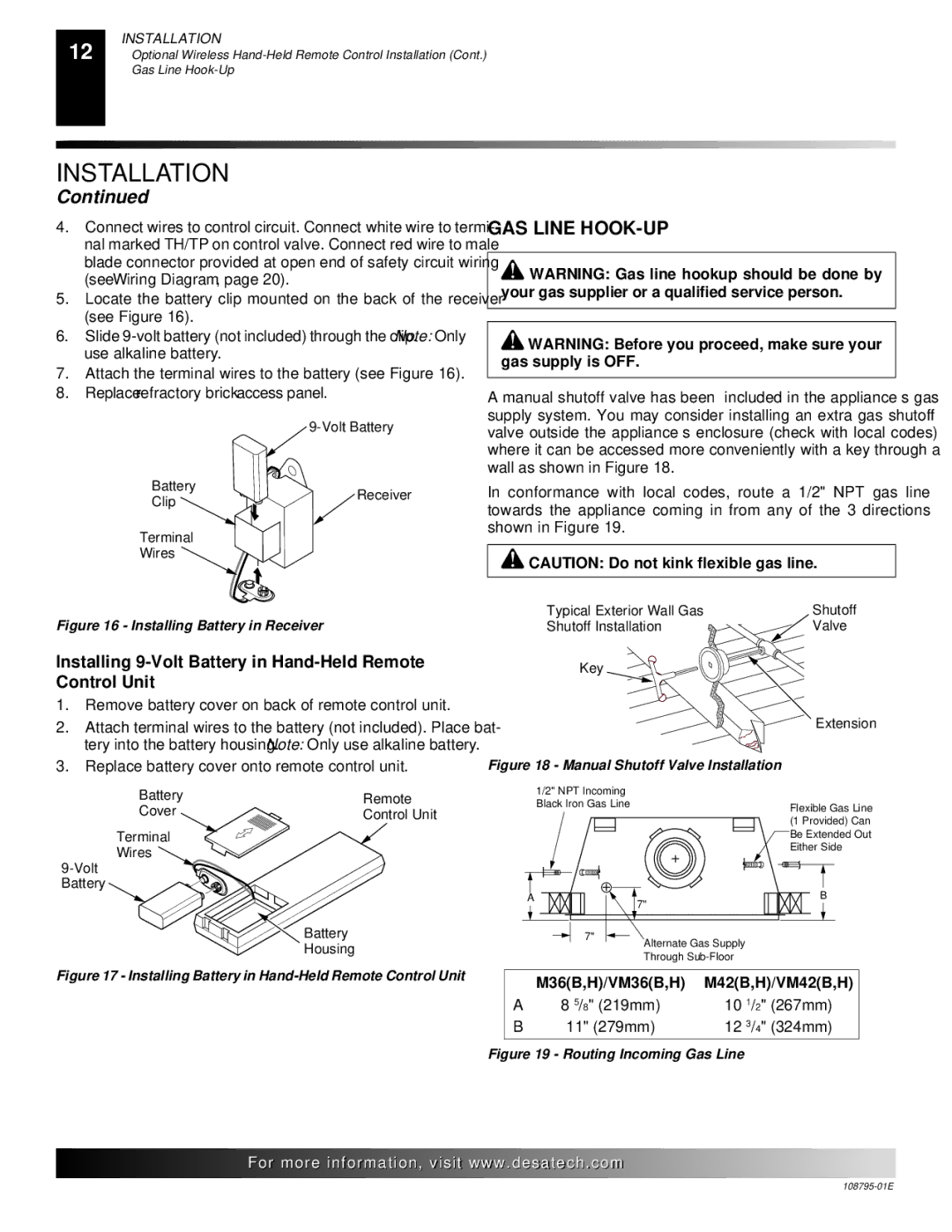 Desa M36, VM42 installation manual GAS Line HOOK-UP, Installing 9-Volt Battery in Hand-Held Remote Control Unit 