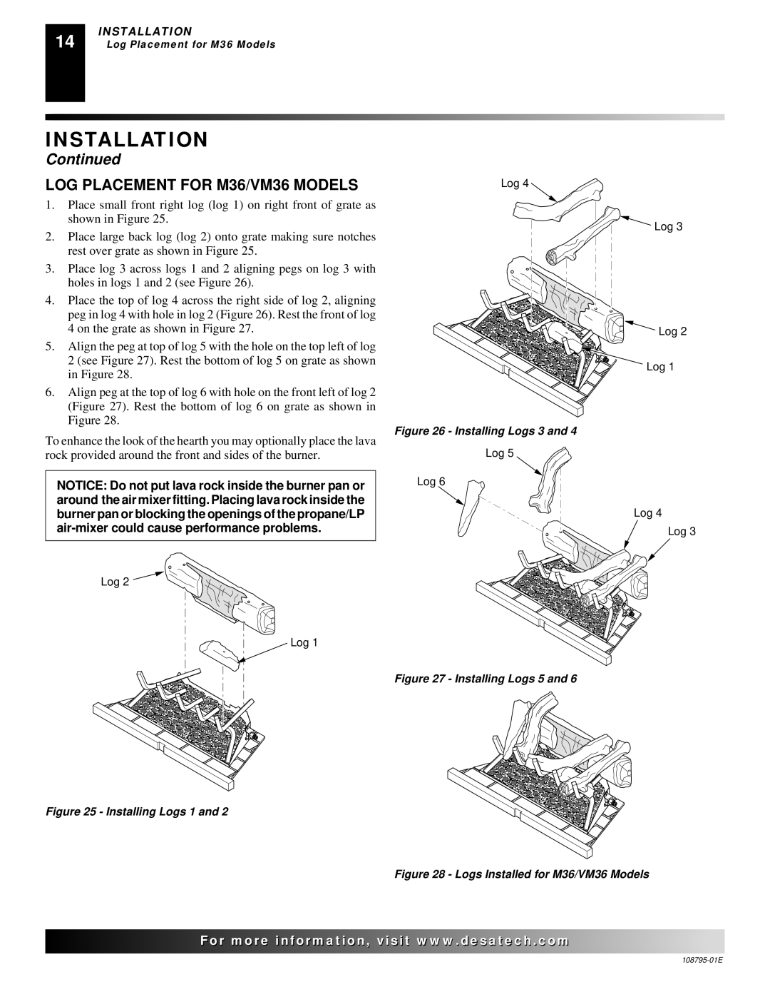 Desa VM42 installation manual LOG Placement for M36/VM36 Models, Installing Logs 3 