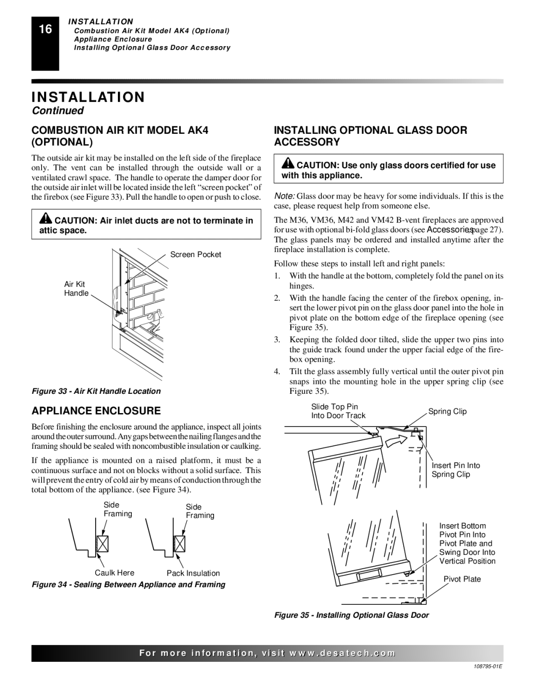 Desa M36, VM42 Combustion AIR KIT Model AK4 Optional, Appliance Enclosure, Installing Optional Glass Door Accessory 