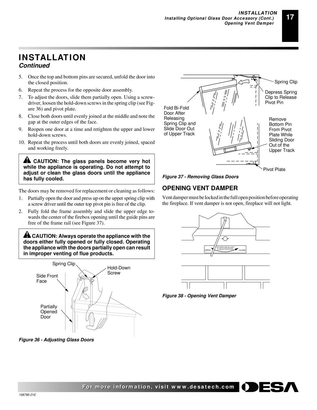 Desa VM42, M36 installation manual Opening Vent Damper, Removing Glass Doors 