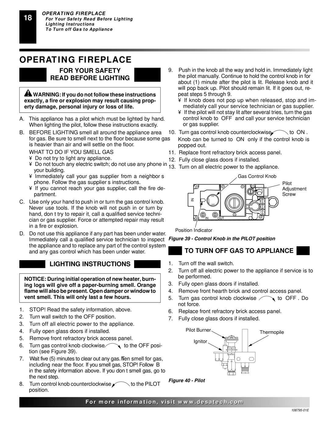 Desa M36 Operating Fireplace, For Your Safety Read Before Lighting, Lighting Instructions, To Turn OFF GAS to Appliance 