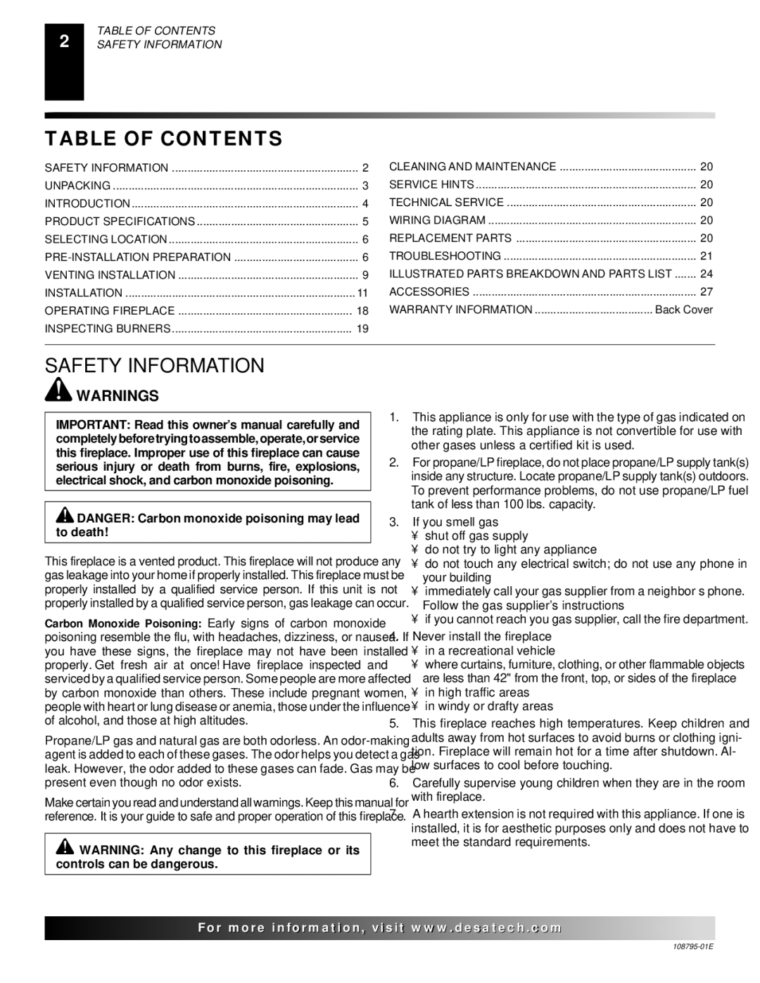 Desa M36, VM42 installation manual Table of Contents, Safety Information 