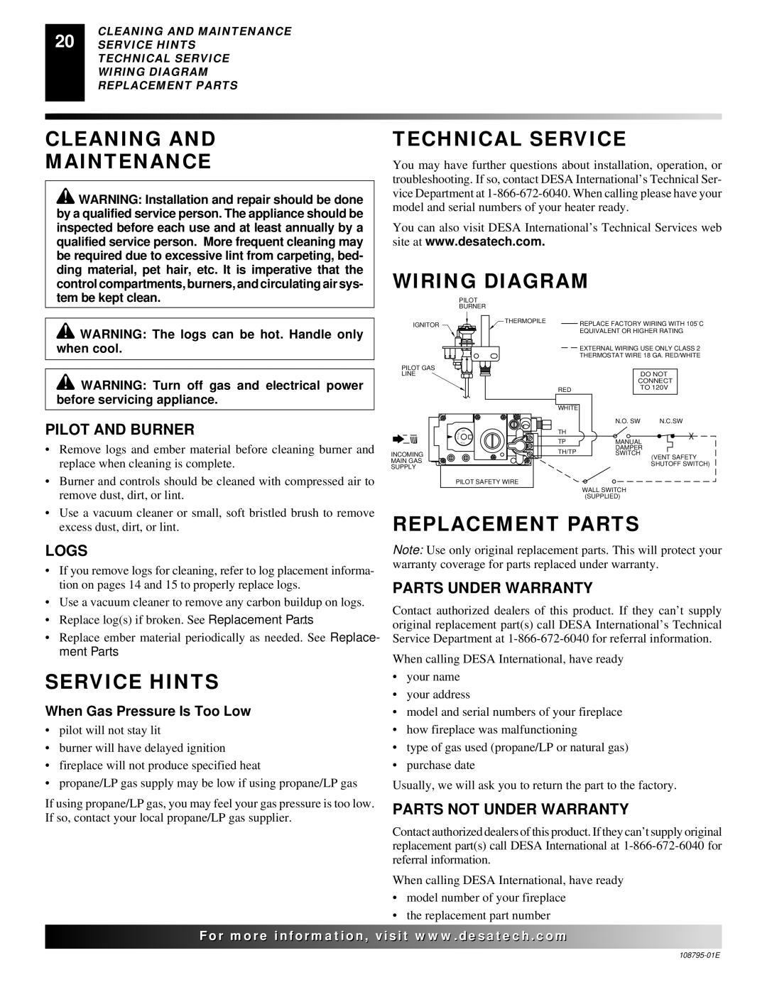 Desa M36, VM42 installation manual Cleaning Maintenance Technical Service, Wiring Diagram, Service Hints Replacement Parts 