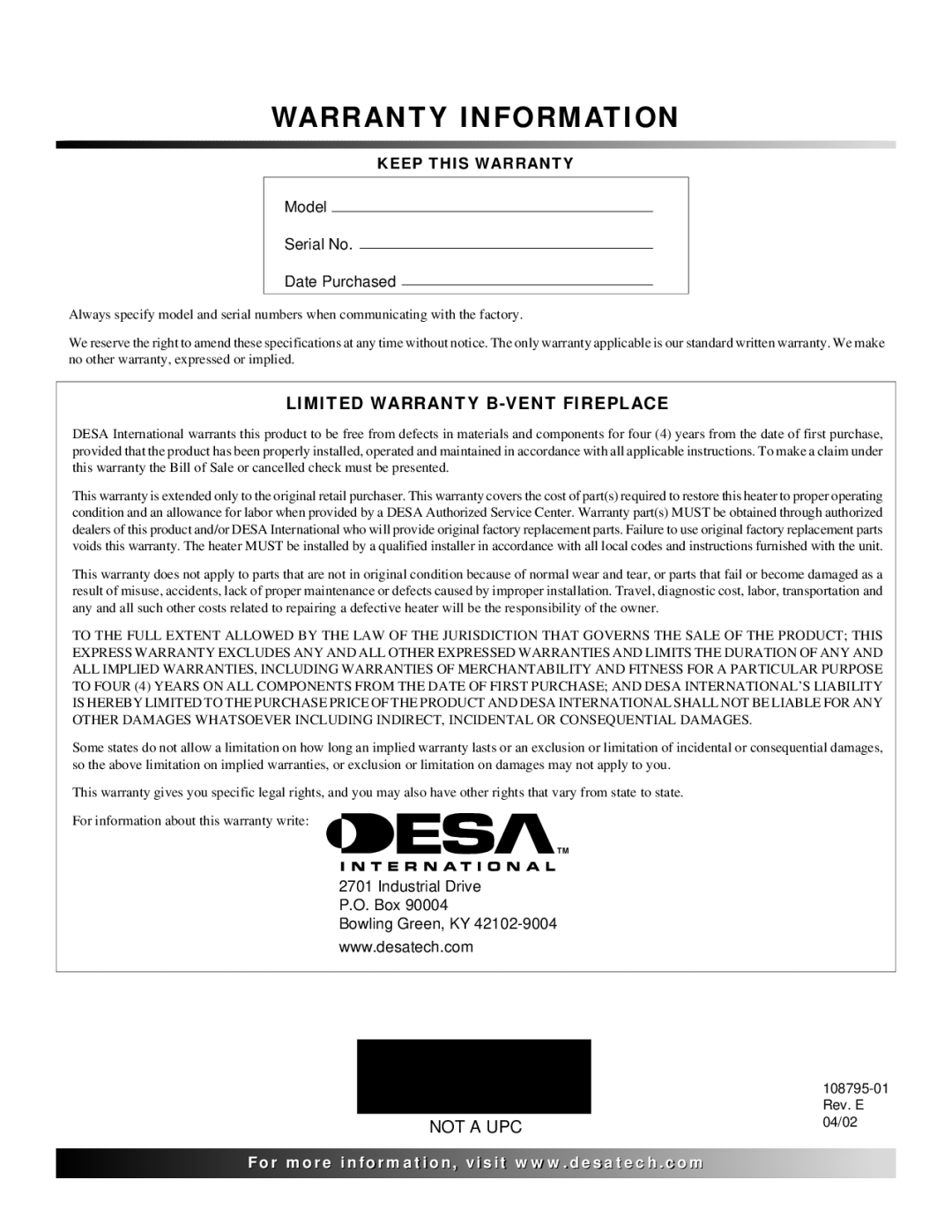 Desa M36, VM42 installation manual Warranty Information 