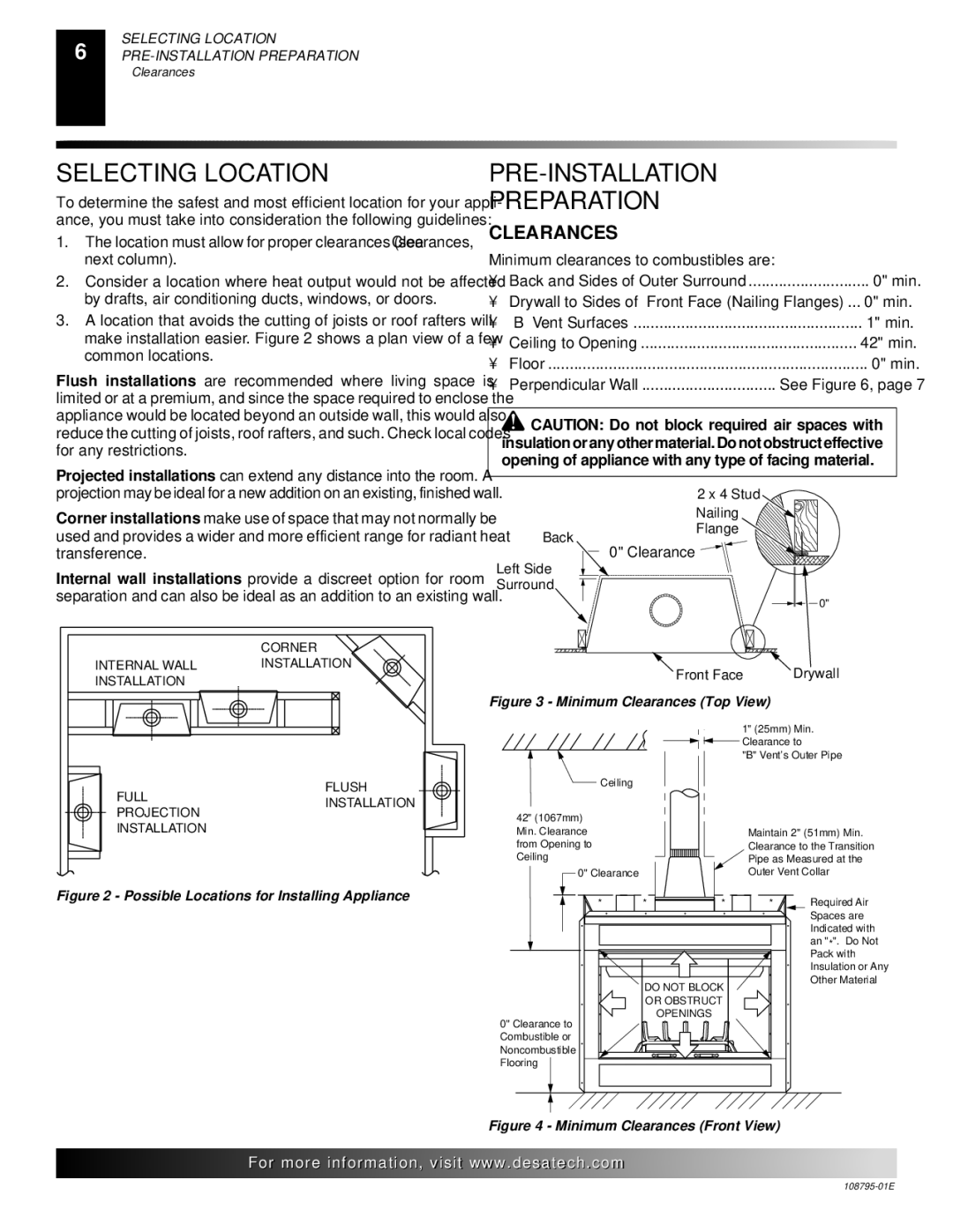 Desa M36, VM42 installation manual Selecting Location, PRE-INSTALLATION Preparation, Clearances 