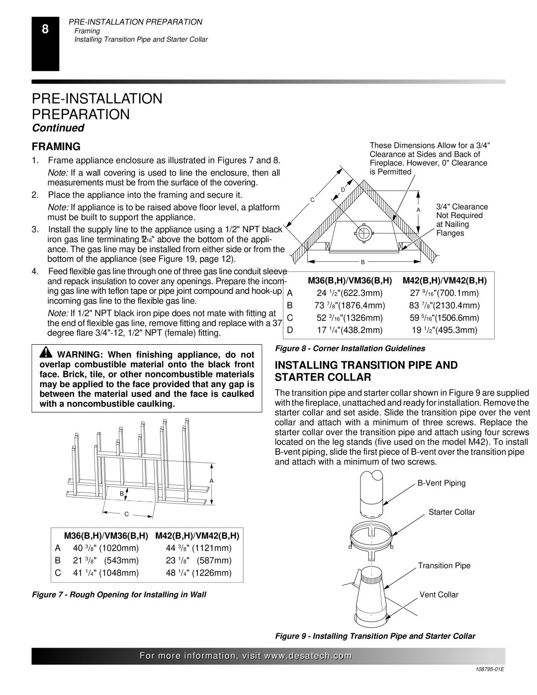 Desa M36, VM42 installation manual Framing, Installing Transition Pipe and Starter Collar 