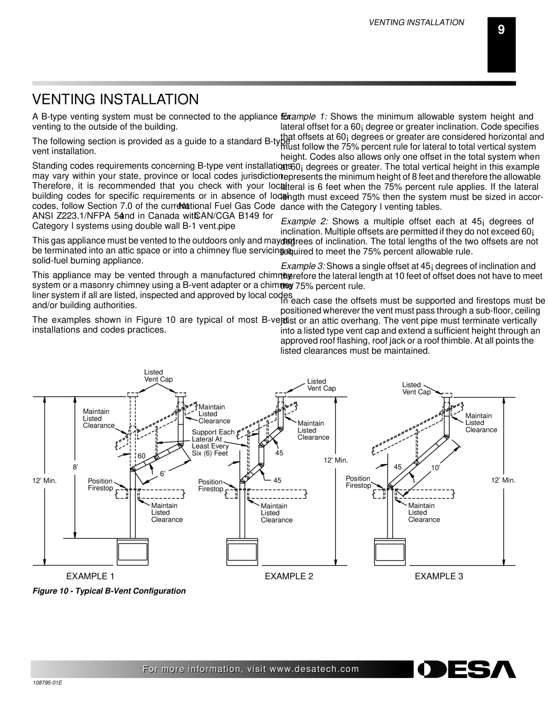 Desa VM42, M36 installation manual Venting Installation, Typical B-Vent Configuration 