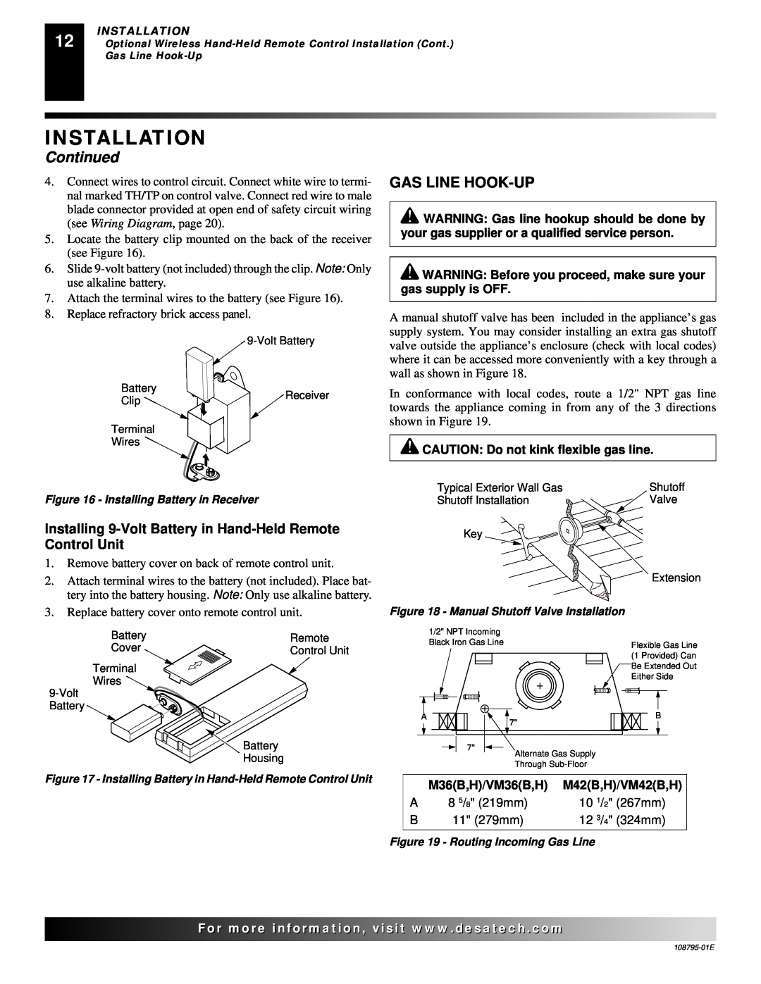 Desa installation manual Installation, Continued, CAUTION Do not kink flexible gas line, M36B,H/VM36B,H, M42B,H/VM42B,H 