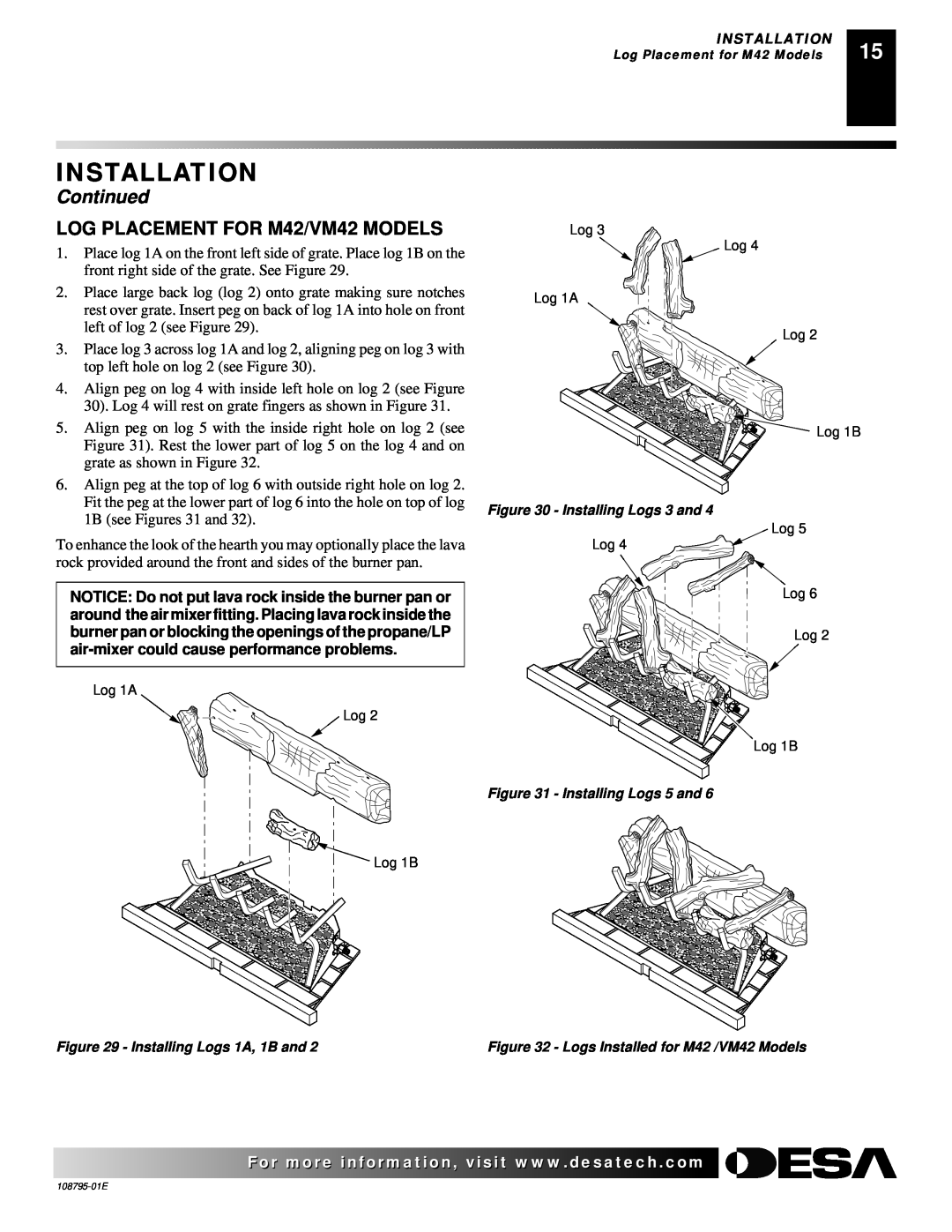 Desa M36 installation manual Installation, Continued, LOG PLACEMENT FOR M42/VM42 MODELS 