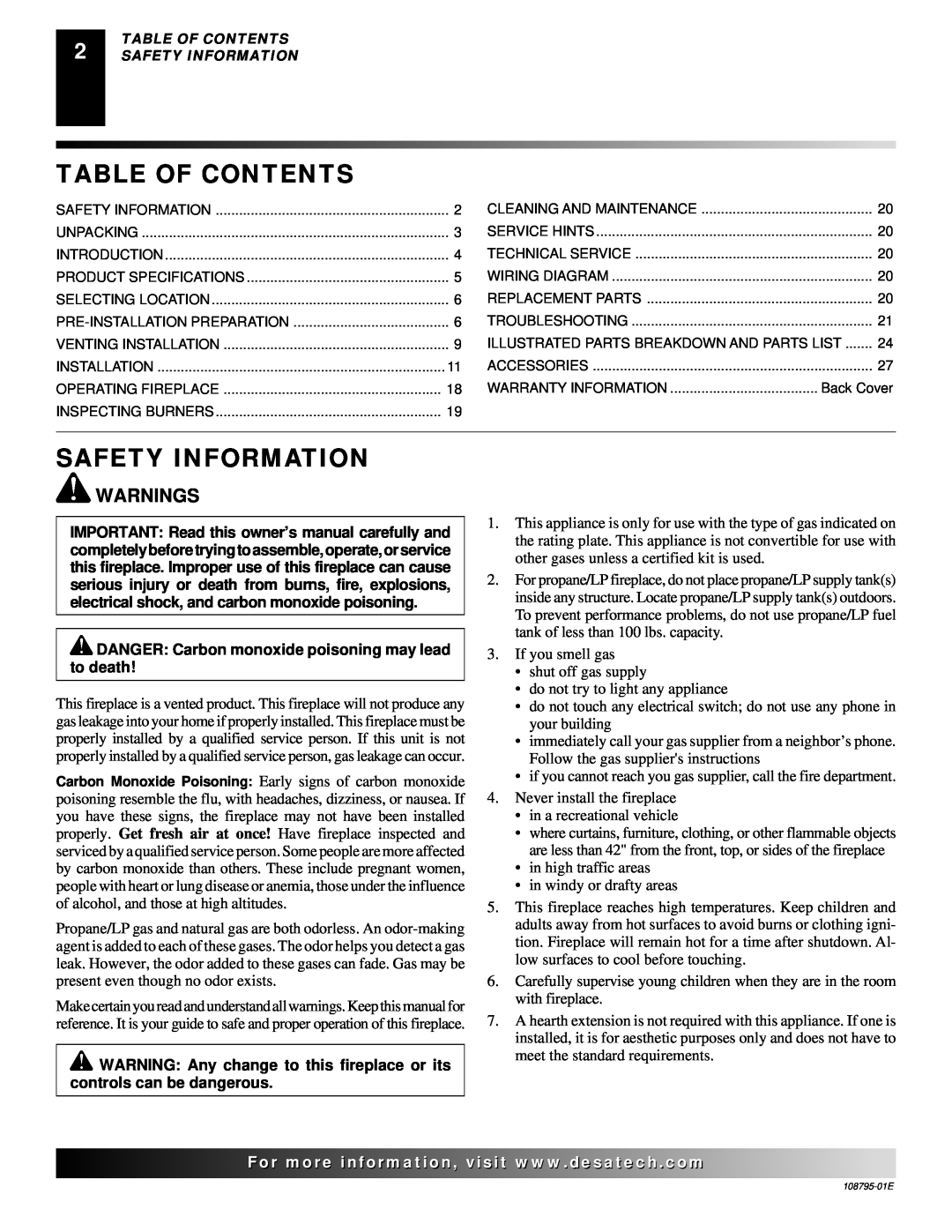 Desa M36, VM42 installation manual Table Of Contents, Safety Information, Warnings 
