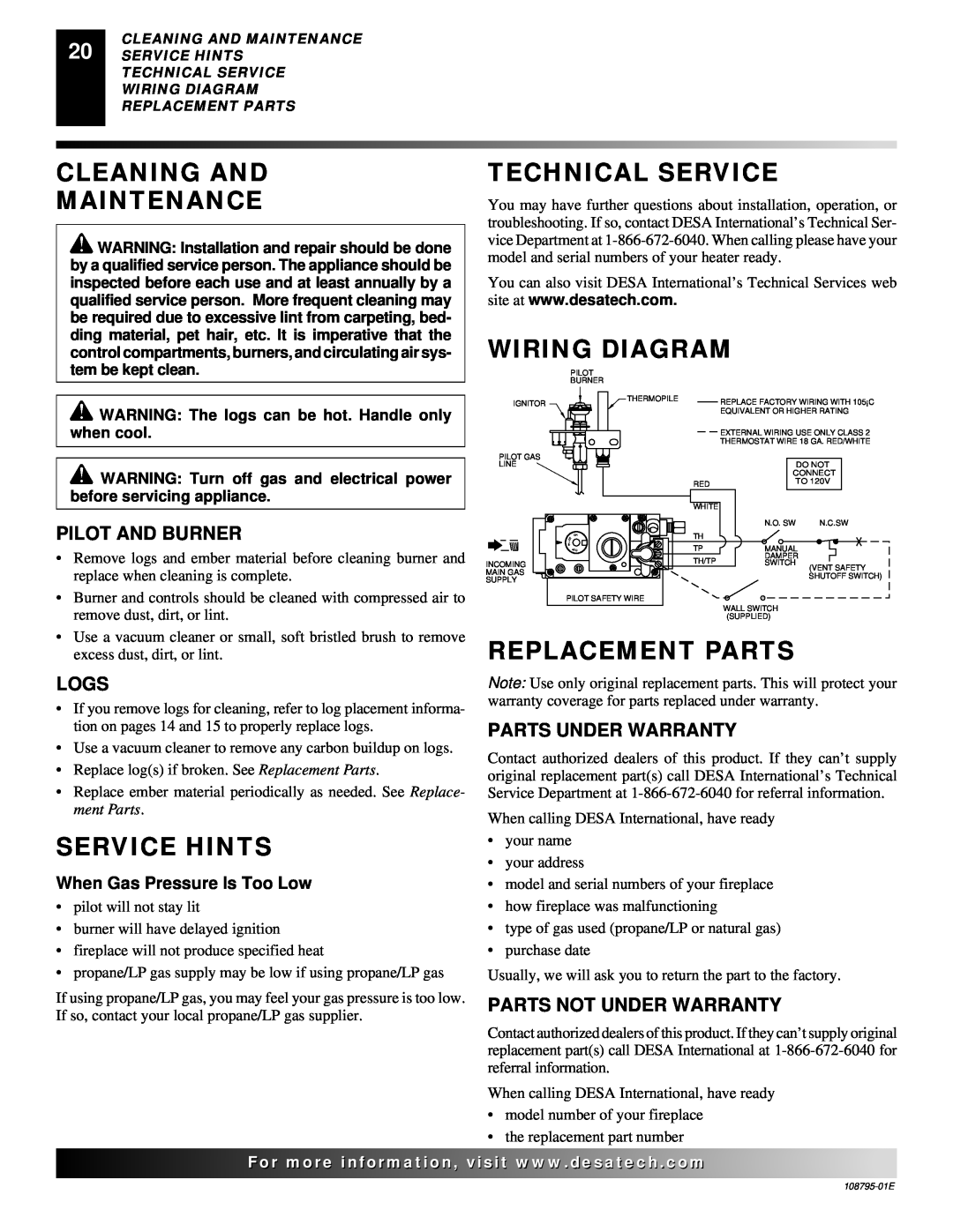 Desa M36, VM42 Cleaning And Maintenance, Technical Service, Wiring Diagram, Service Hints, Replacement Parts 