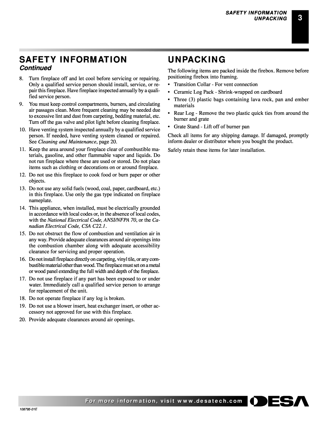 Desa VM42, M36 installation manual Unpacking, Continued, Safety Information 