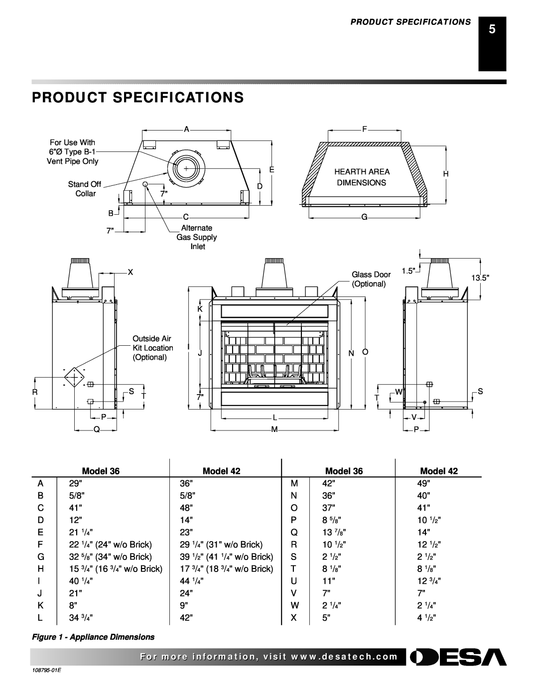 Desa VM42, M36 installation manual Product Specifications, Model 