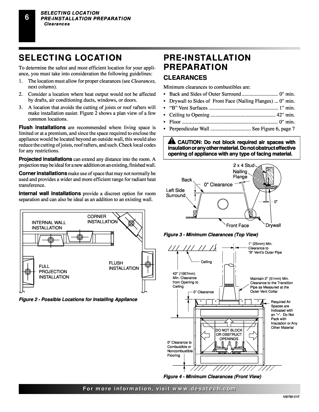 Desa M36, VM42 installation manual Selecting Location, Pre-Installation Preparation, Clearances 