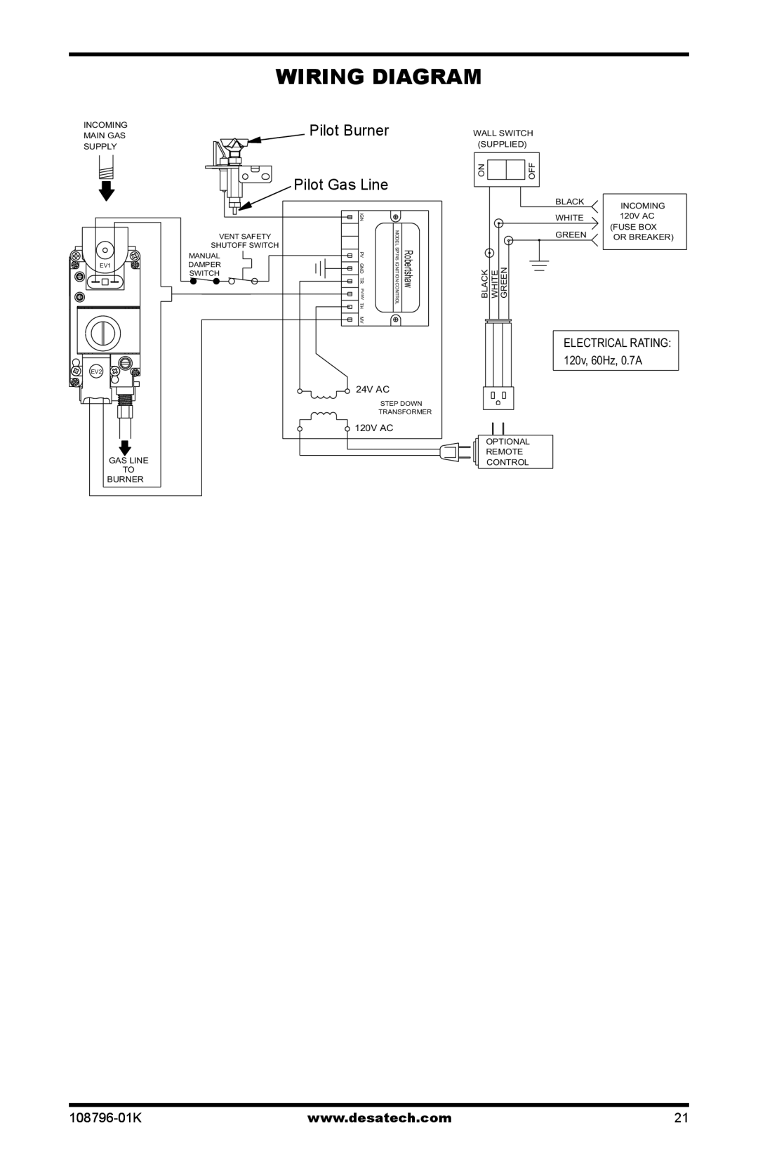 Desa H) AND VM42EP(B, VM36EP installation manual Wiring Diagram, Pilot Burner Pilot Gas Line 