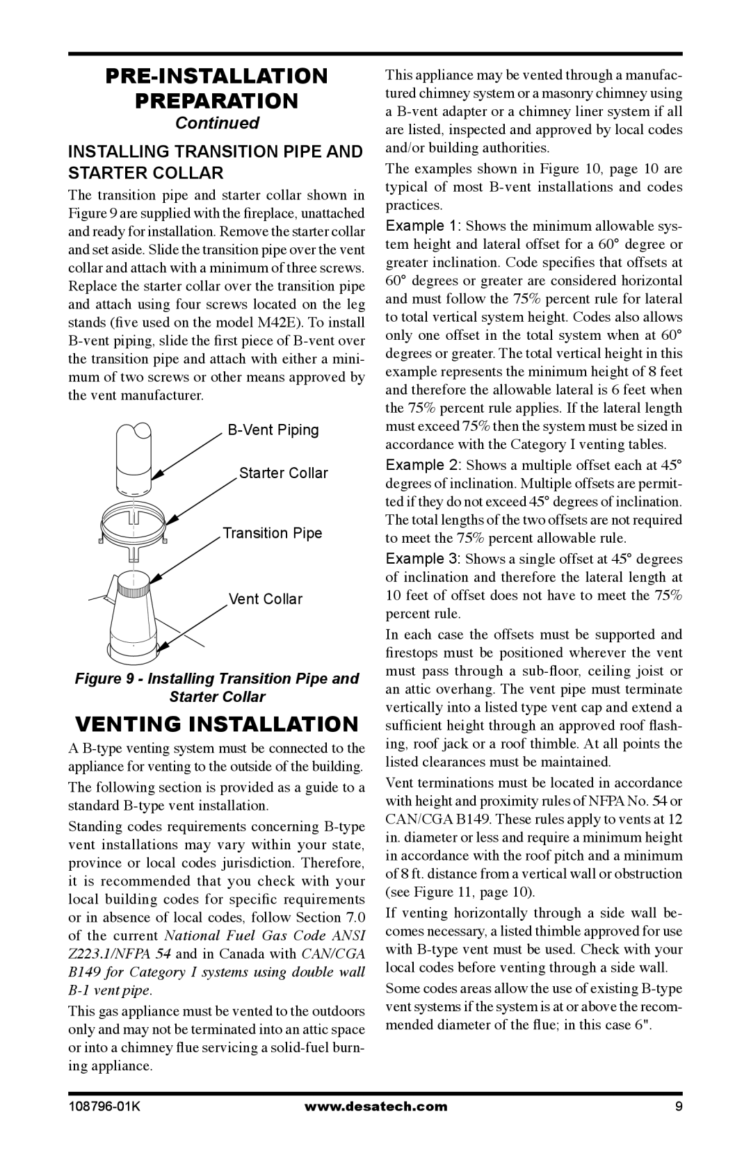 Desa H) AND VM42EP(B, VM36EP installation manual Venting Installation, Installing Transition Pipe And Starter Collar 