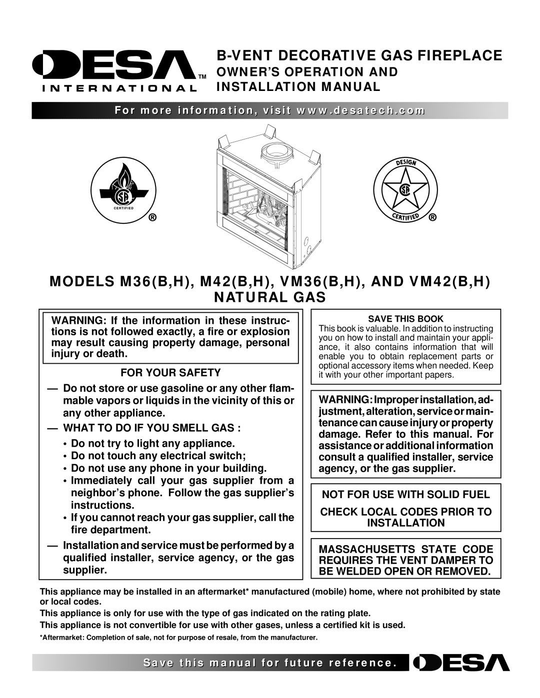 Desa VM36 installation manual Vent Decorative GAS Fireplace, Natural GAS, For Your Safety, What to do if YOU Smell GAS 