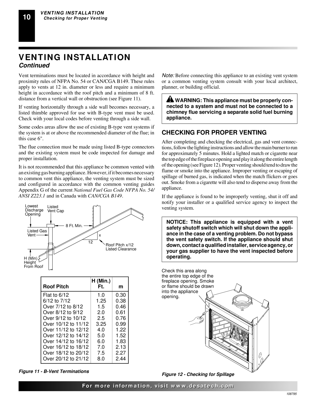 Desa M42, VM36 installation manual Checking for Proper Venting, Min Roof Pitch 