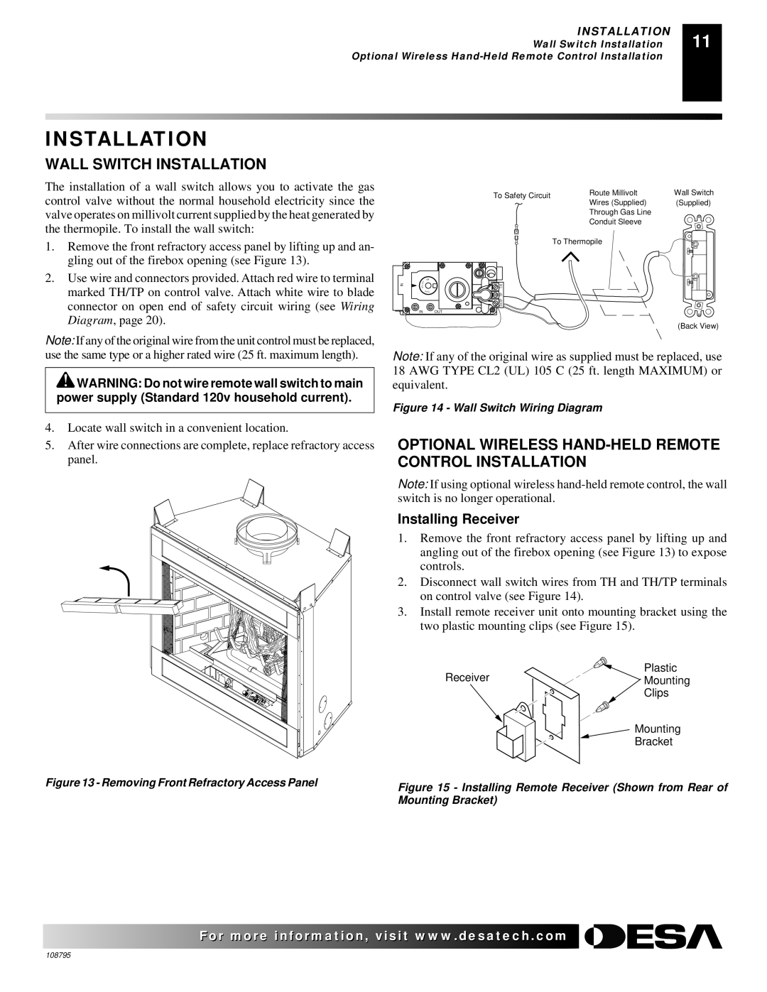 Desa VM36, M42 Wall Switch Installation, Optional Wireless HAND-HELD Remote Control Installation, Installing Receiver 