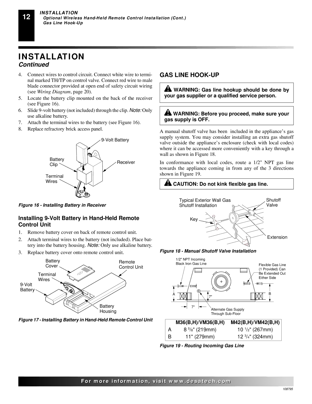 Desa M42, VM36 installation manual GAS Line HOOK-UP, Installing 9-Volt Battery in Hand-Held Remote Control Unit 