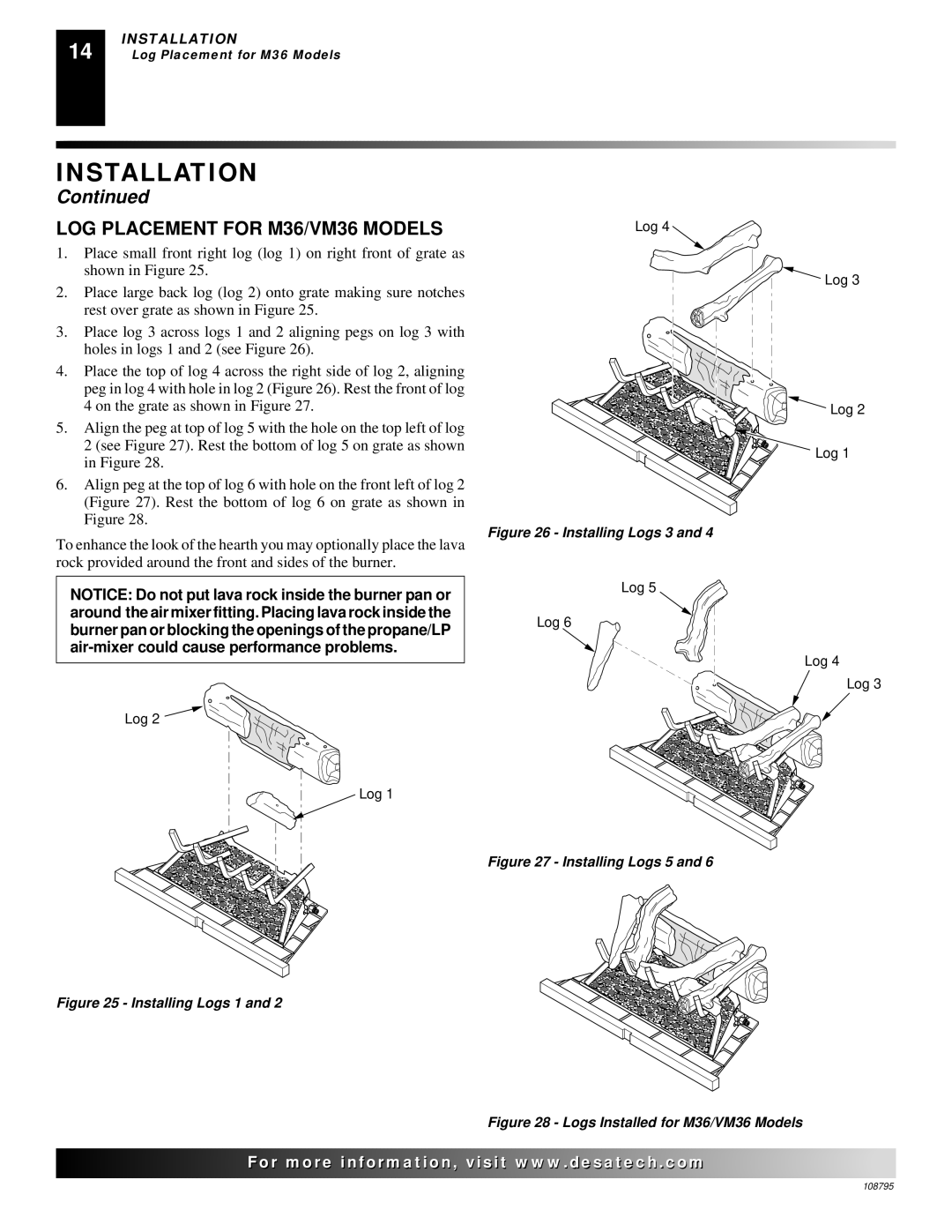 Desa M42 installation manual LOG Placement for M36/VM36 Models, Installing Logs 1 