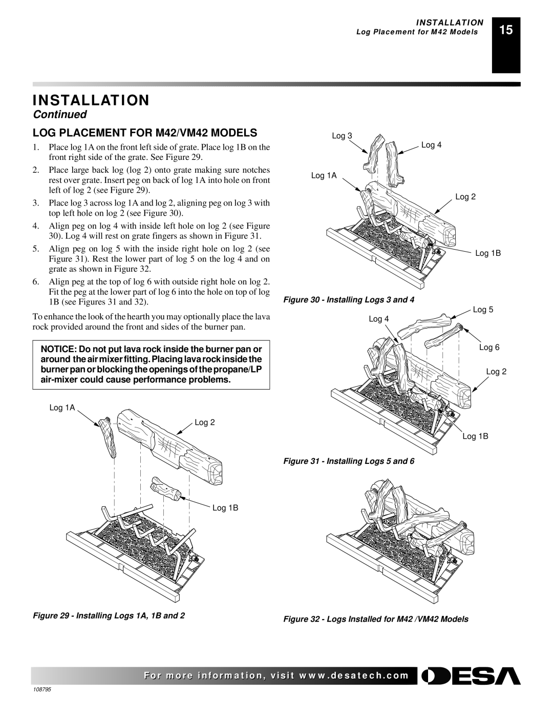 Desa VM36 installation manual LOG Placement for M42/VM42 Models, Installing Logs 1A, 1B 