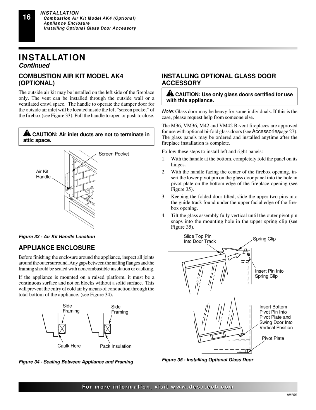 Desa M42, VM36 Combustion AIR KIT Model AK4 Optional, Appliance Enclosure, Installing Optional Glass Door Accessory 