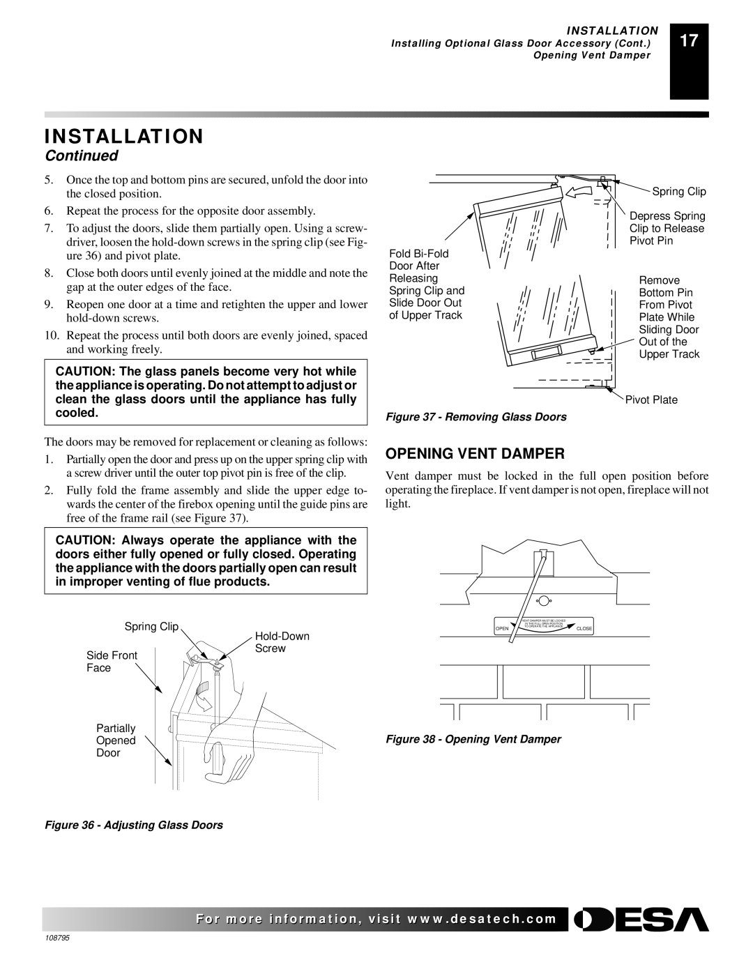 Desa VM36, M42 installation manual Opening Vent Damper, Removing Glass Doors 