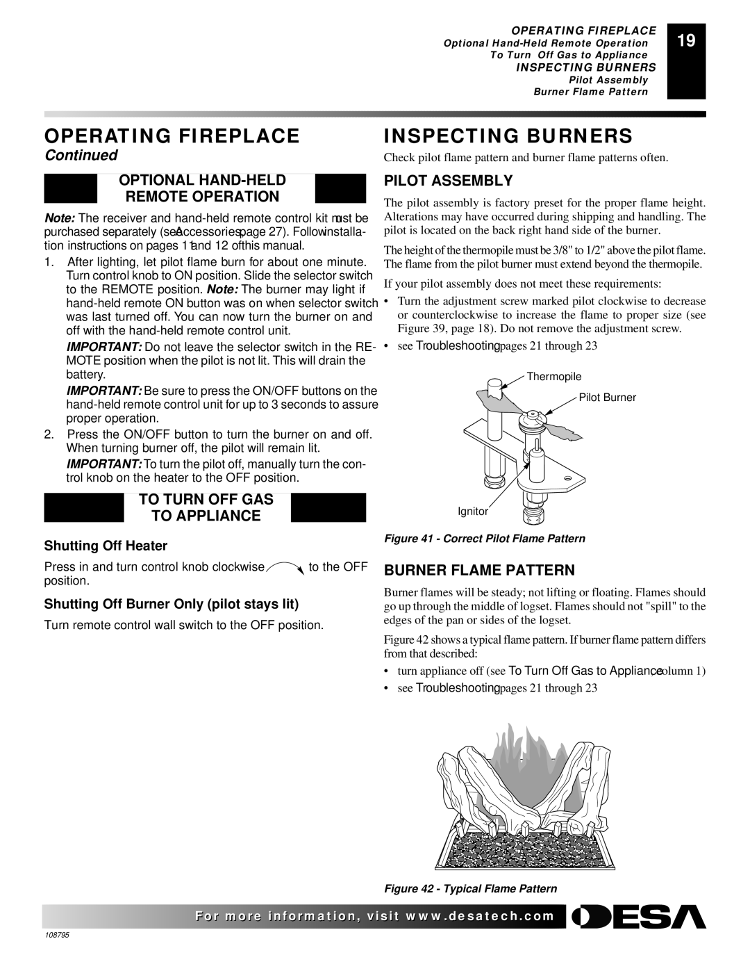 Desa VM36, M42 Inspecting Burners, Optional HAND-HELD Remote Operation, Pilot Assembly, Burner Flame Pattern 