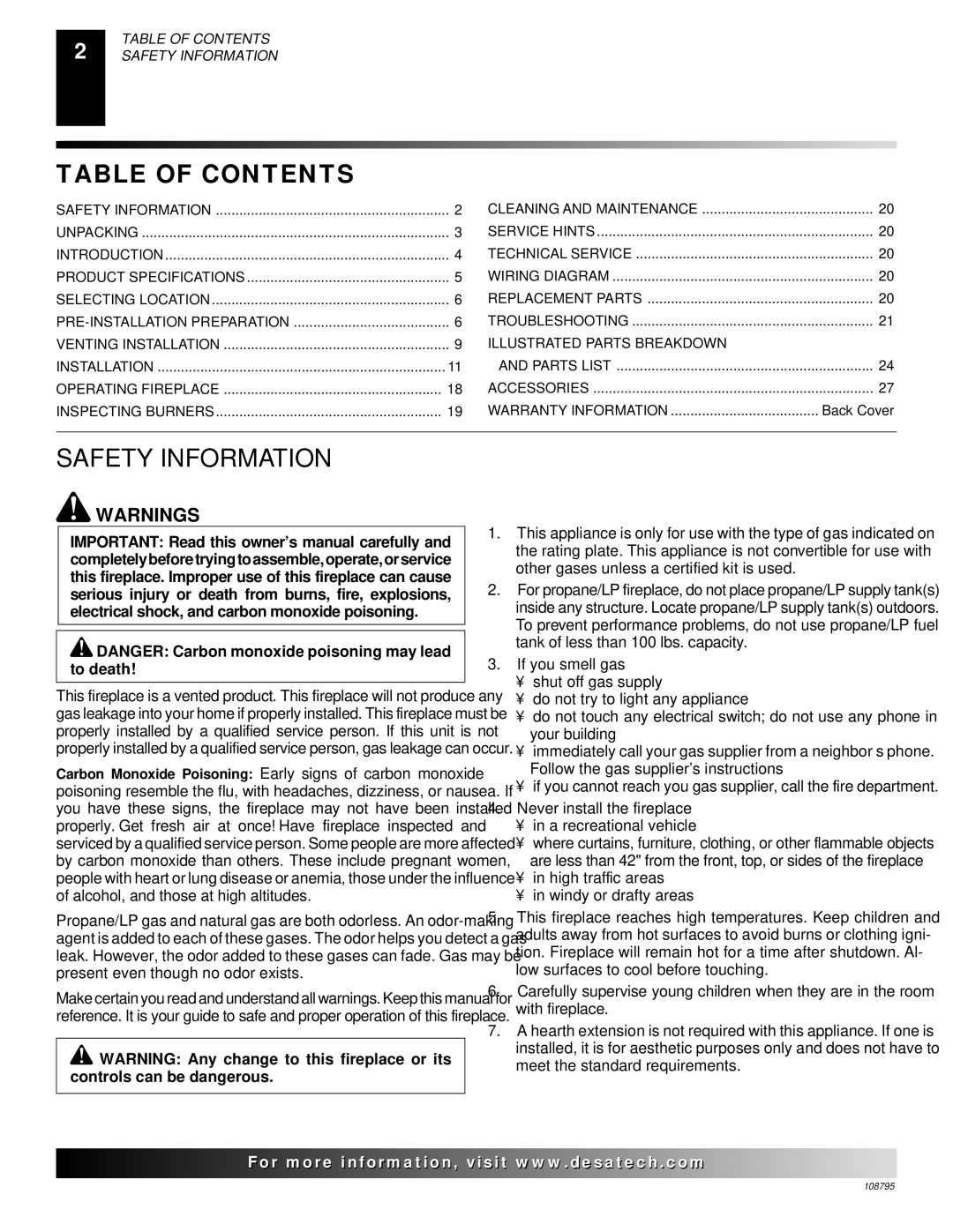 Desa M42, VM36 installation manual Table of Contents, Safety Information 