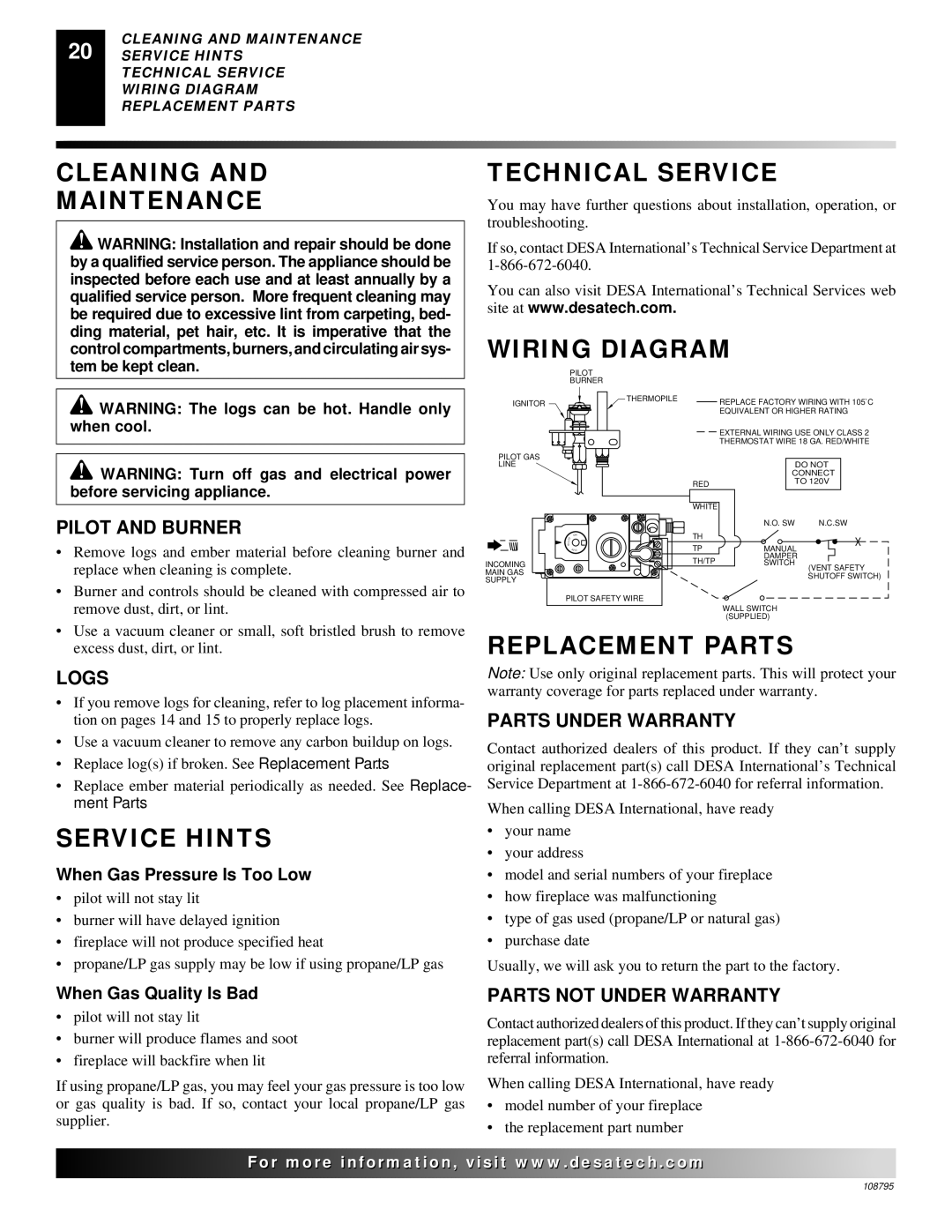 Desa M42, VM36 installation manual Cleaning Maintenance Technical Service, Wiring Diagram, Service Hints, Replacement Parts 