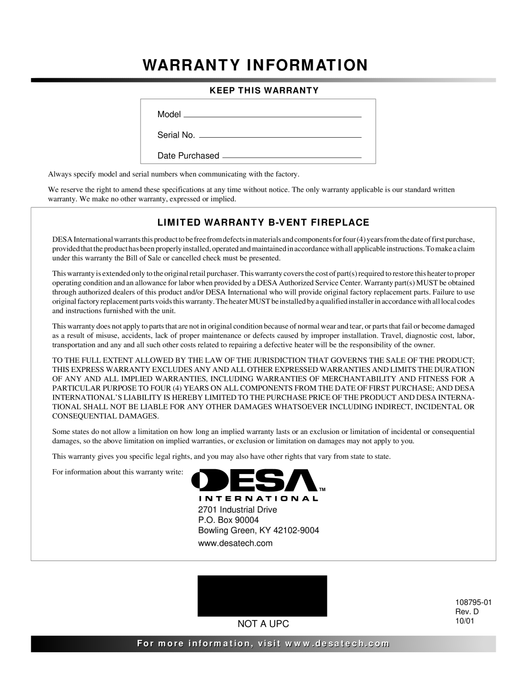 Desa M42, VM36 installation manual Warranty Information 