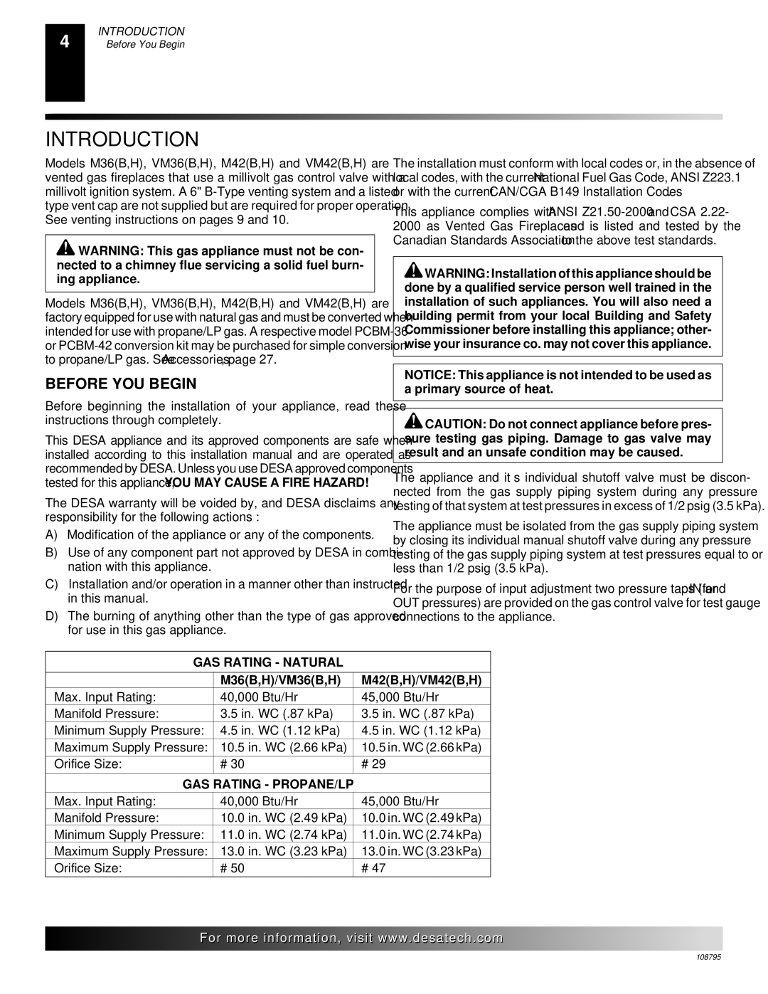 Desa installation manual Introduction, Before YOU Begin, M36B,H/VM36B,H M42B,H/VM42B,H 